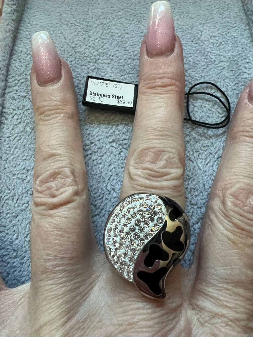Kutzie Stainless Steel Black and Silver Pave Statement Ring